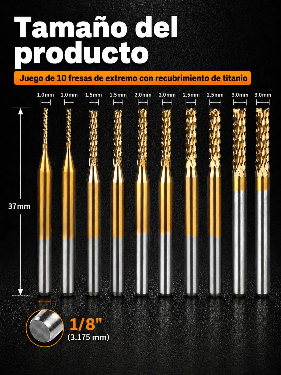 VOBOR 10pcs Fresas de Extremo de Carburo 1-3mm, Titanio Capa 1.0mm 1.5mm 2.0mm 2.5mm 3.0mm Fresas CNC para PCB Acrílico Madera Aluminio Metal