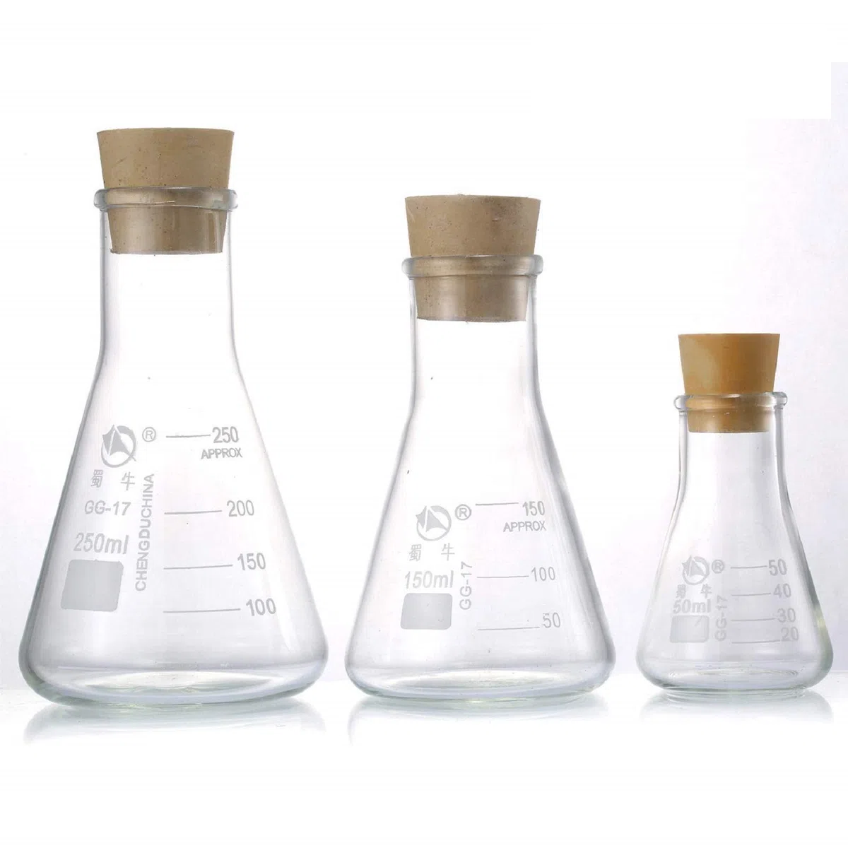 Yizerel Juego de frascos de vidrio Erlenmeyer (250 ml, 150 ml y 50 ml) de vidrio de borosilicato graduado con tapones de goma y escalas precisas para laboratorio, estudios científicos, etc.