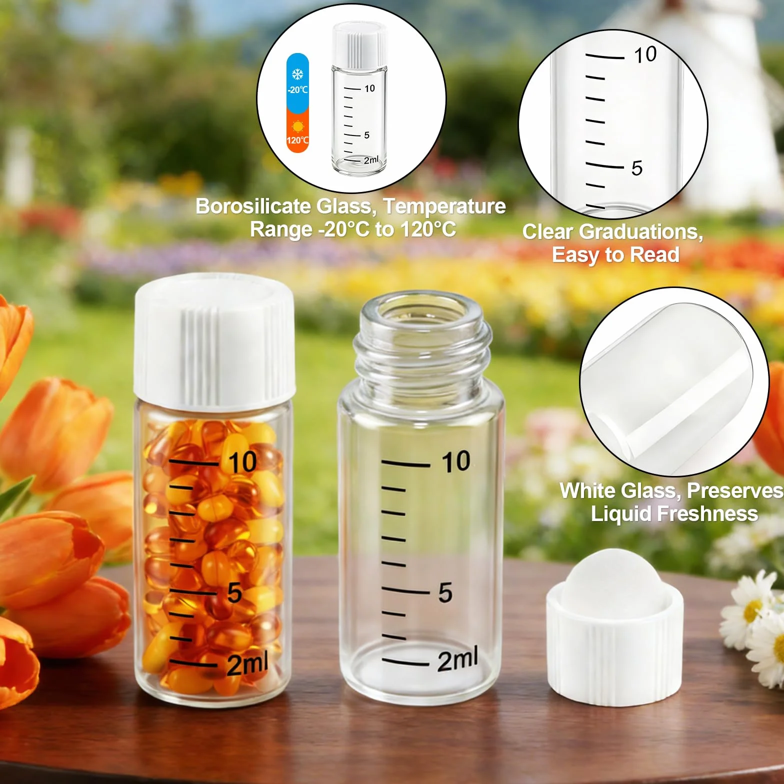 20 piezas 10ml muestra frascos, pequeños frascos de vidrio con tapón de rosca blanco, botellas de vidrio de muestreo transparente, mini botellas de vidrio con escala, viales de laboratorio
