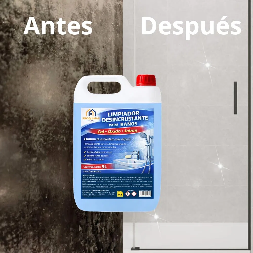 Limpiador Desincrustante para Baños, Elimina Cal, Moho y Suciedad Difícil, Apto para Mamparas, Azulejos, Juntas y Acero Inoxidable, 5 Litros