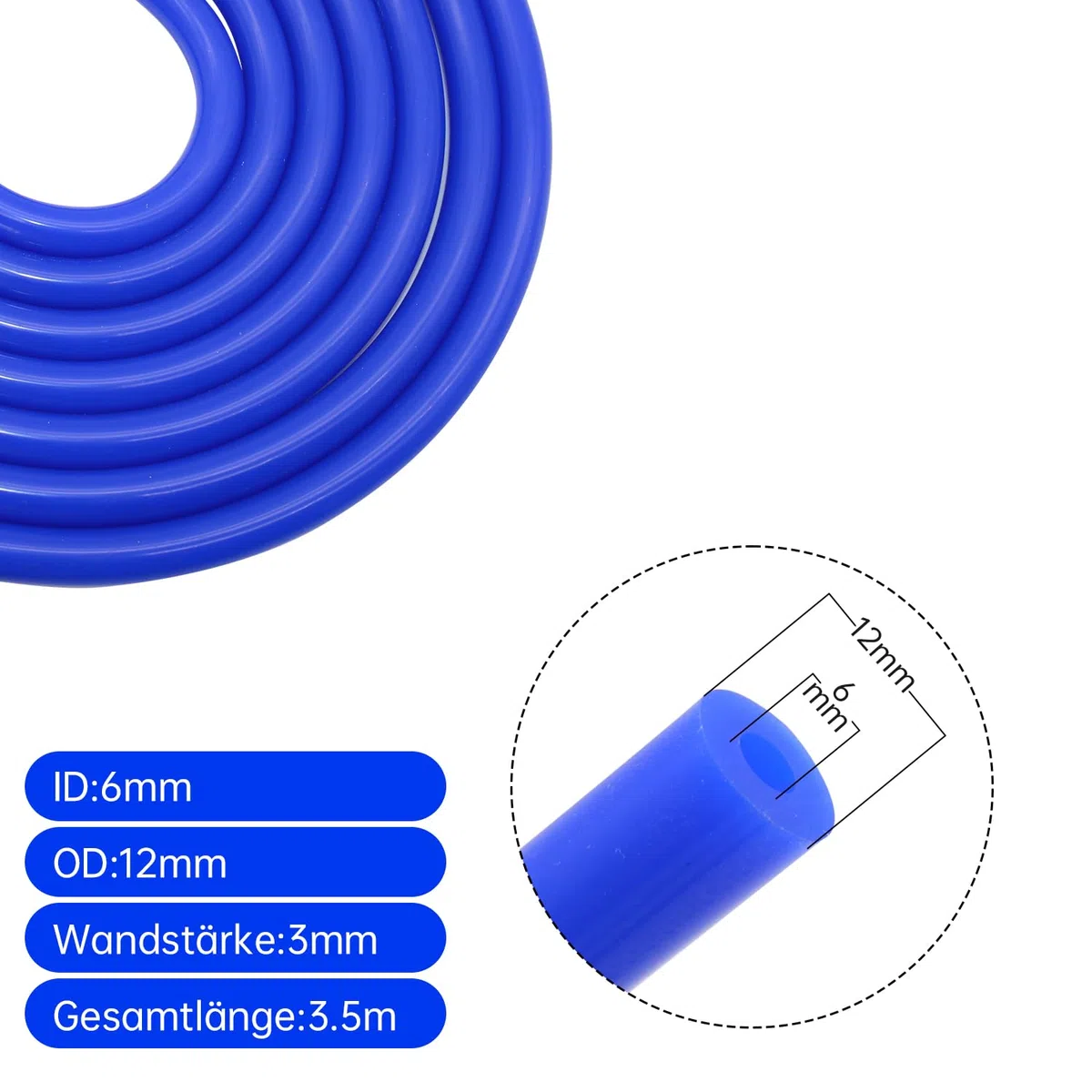 Manguera de silicona de alta temperatura -Azul, diámetro interior 6 mm, longitud 3.5 m - Manguera de succión para agua de refrigeración - Manguera de refrigerante - Manguera de goma