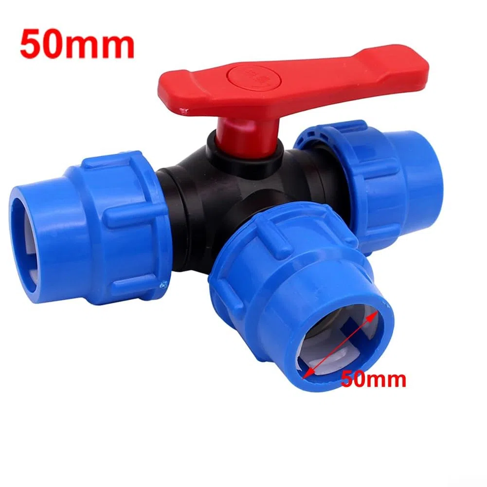 Lioaeust Válvula de Bola de 3 Vías, Material PE, 50mm, Cuerpo de Material PE, Color Negro+Azul, Accesorios para Suministro de Agua Doméstico e Industrial