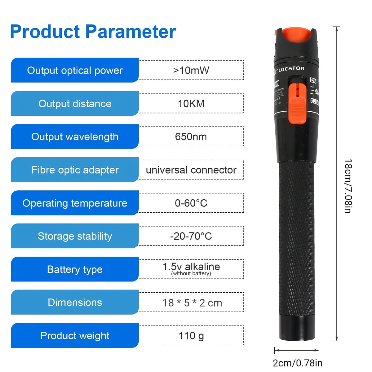 Osairous Localizador Visual de Fallas, 10mW Probador de Cable de Fibra Óptica Rango de 10KM SC/FC/ST Interfaz de 2.5 mm para Probar Cables de Red de Fibra Óptica