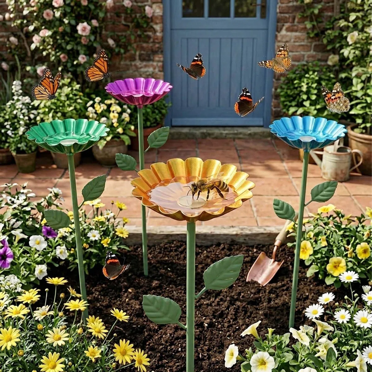 4 PCS Bebedero para Abejas de Jardín, Bebedero para Insectos en Flor de Metal 63 cm, Estacas Decorativas para Mariposas y Polinizadores, para Maceta, Césped, Parterre, Balcón, Terraza y Patio