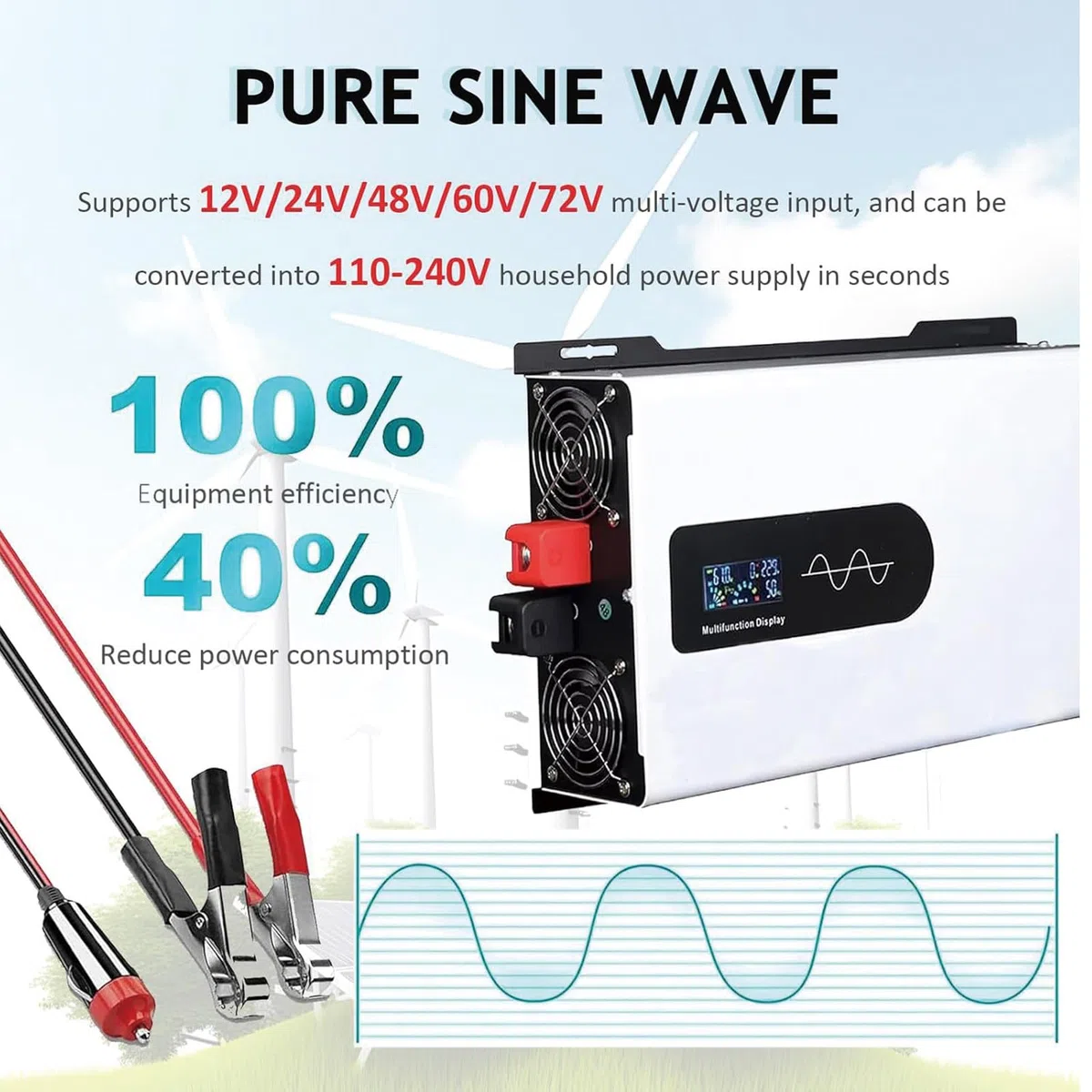 Inversor Solar Híbrido, Inversor de Corriente con Salida de Onda Sinusoidal Pura, 5000W-10000W, para Sistemas de Energía Solar y Uso en Exteriores 12V5000W