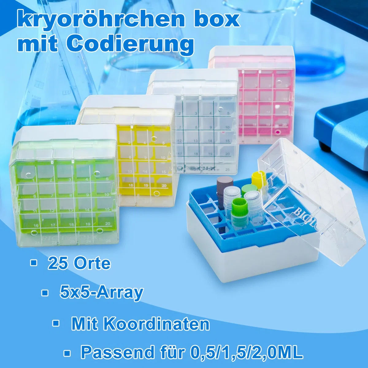 5 cajas criogénicas con codificación, contenedor de tubos de microcentrífuga, cajas de almacenamiento criogénico, 25 rejillas, PC, 2 pulgadas, 75 x 75 x 52 mm