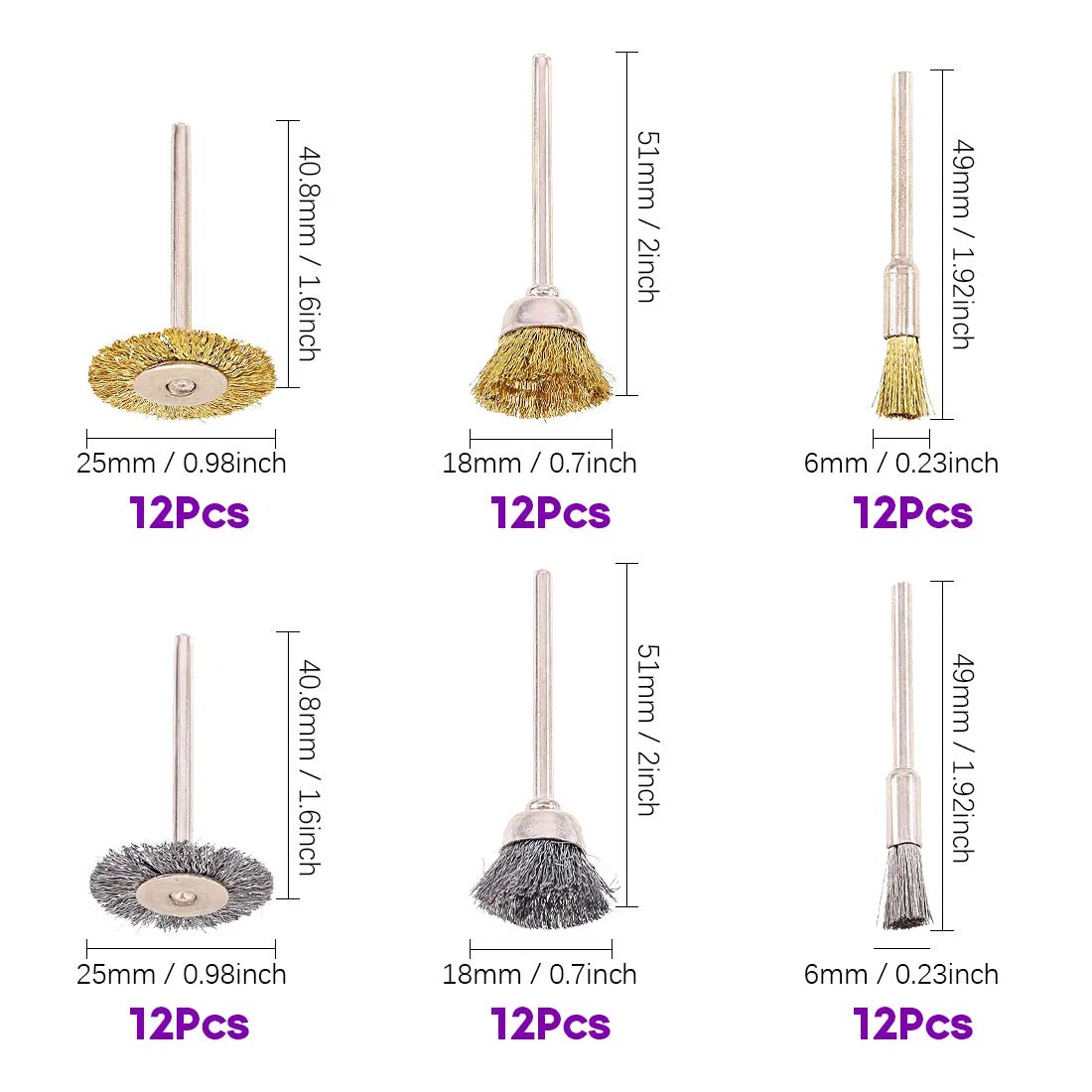 Swpeet Kit de 72 cepillos de rueda de alambre, incluye juego de cepillos de alambre de latón y acero con vástago de 1/8" (3mm) para accesorios de herramientas rotativas, herramientas de pulido y