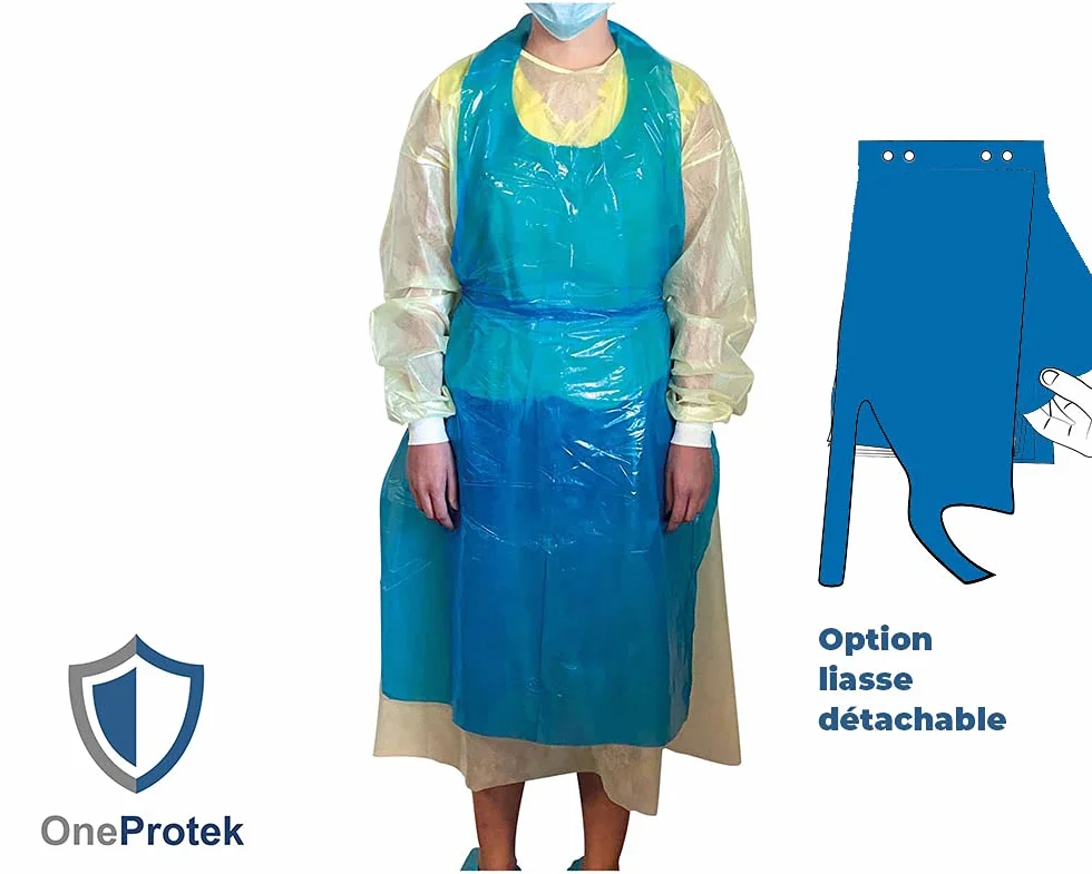 100 Delantales desechables PE Impermeables azules OneProtek - Polietileno (PE), 20 micras - Alta calidad, polivalente - Talla única (70x120 cm) - En bloque desprendible