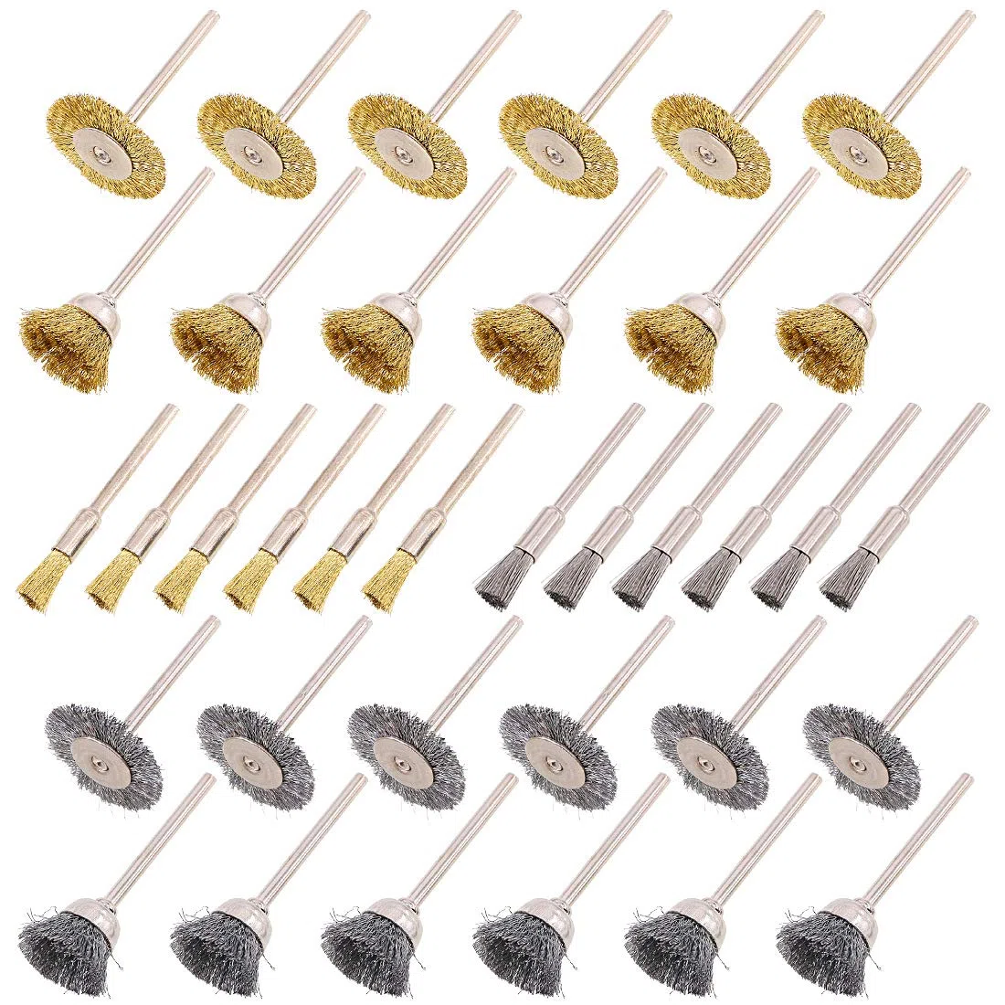 Swpeet Kit de 72 cepillos de rueda de alambre, incluye juego de cepillos de alambre de latón y acero con vástago de 1/8" (3mm) para accesorios de herramientas rotativas, herramientas de pulido y