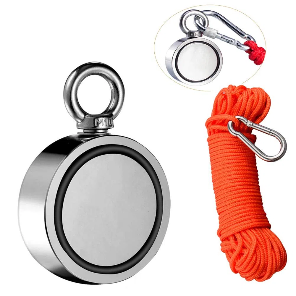 Imán de neodimio de Doble Cara para Pesca, con cáncamo Redondo y Cuerda de 20 m, Ganchos magnéticos Resistentes para Pesca con imán y Rescate en ríos, 60 mm.