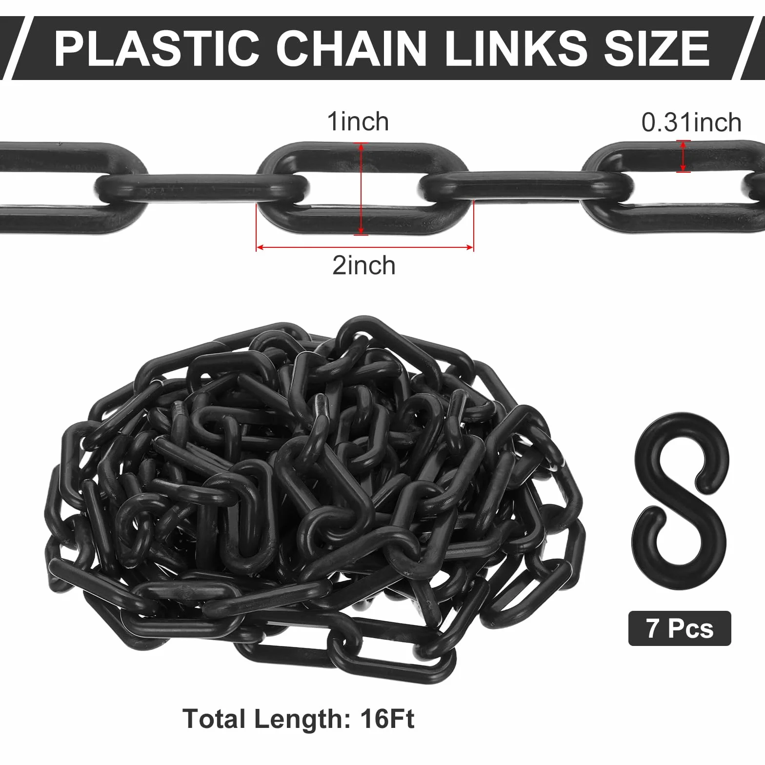 PATIKIL Cadena de plástico negra, 16pcs 8mm Cadena de barrera de seguridad para control de multitudes, estacionamiento, cerca, puerta, concierto