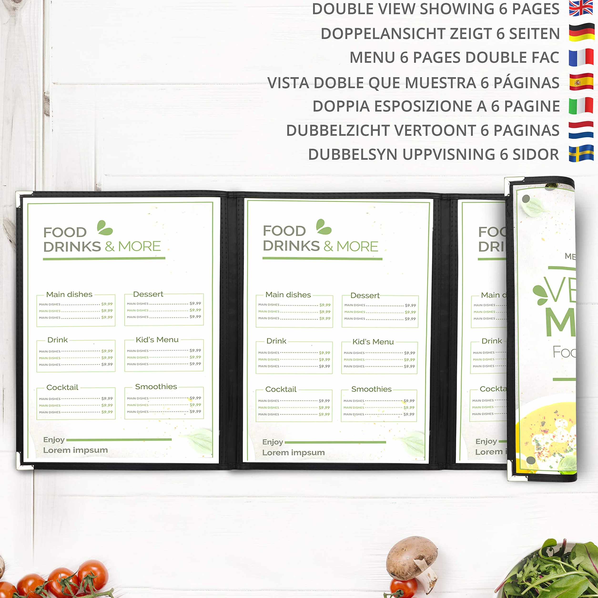 Kurtzy Funda para Cartas de Restaurantes Tres Pliegues A4 (Pack de 5) 3 Pliegues Vista Doble Estilo Americano - Fundas de Cartas Negras Protectores de Esquina – para Restaurantes, Bares, Cafés