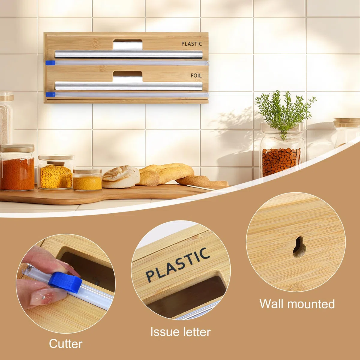 Dispensador de láminas 2 en 1 con cúter, cortador de papel, organizador de madera de bambú para cajón, incluye dispensador de pergamino y papel de aluminio
