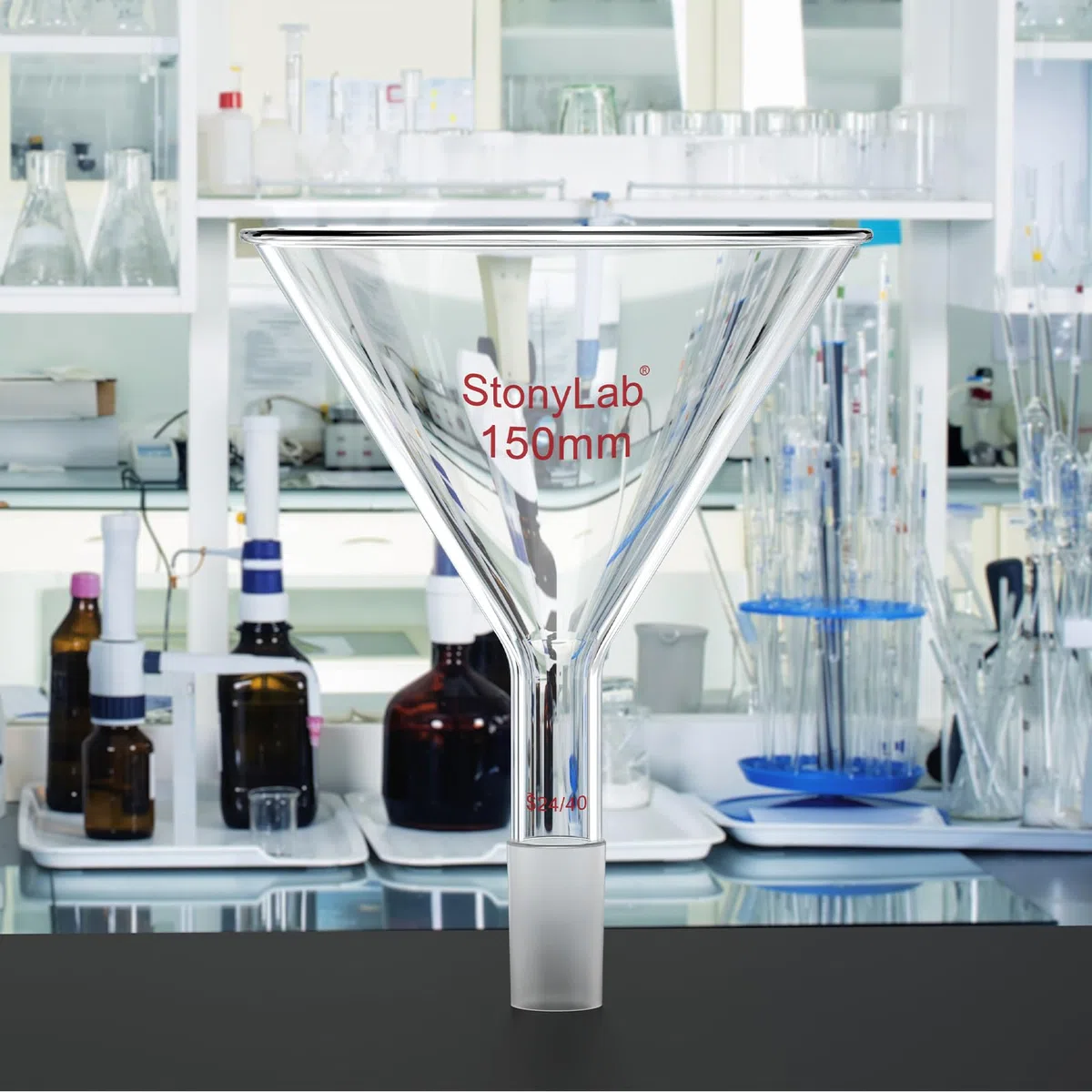 stonylab Embudo de Vidrio de Tallo Corto con Diámetro Exterior Superior de 150 mm y Junta Interior 24/40, Solo para Uso en Laboratorio Químico