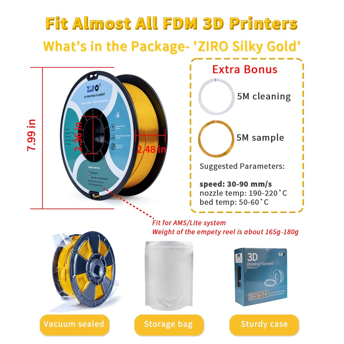 ZIRO Seda Filamento PLA 1.75mm, Filamento Impresora 3D Seda PLA 1.75mm 1kg (2.2 lbs), Precisión Dimensional +/- 0.03mm, Oro