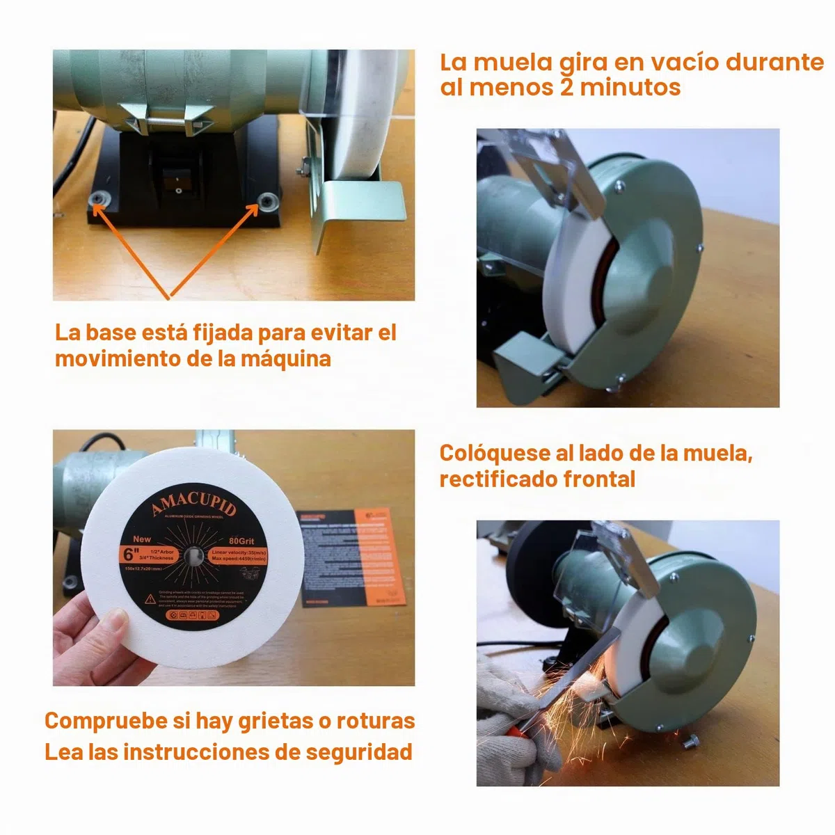 Muela de banco. Abrasivo de óxido de aluminio. Para rectificar acero templado, acero con alto contenido de carbono, etc. Diámetro de 150 mm, diámetro interior del mandril de 12,7 mm