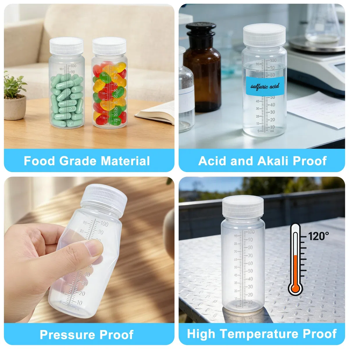 HavaCue 8 Piezas 100ml Botellas de Plástico de Boca Ancha con Escala, Transparente Botella de Reactivos de Boca Ancha, Botella de Laboratorio avec Jeringa y Pegatinas para Laboratorio, Escuela, Cocina