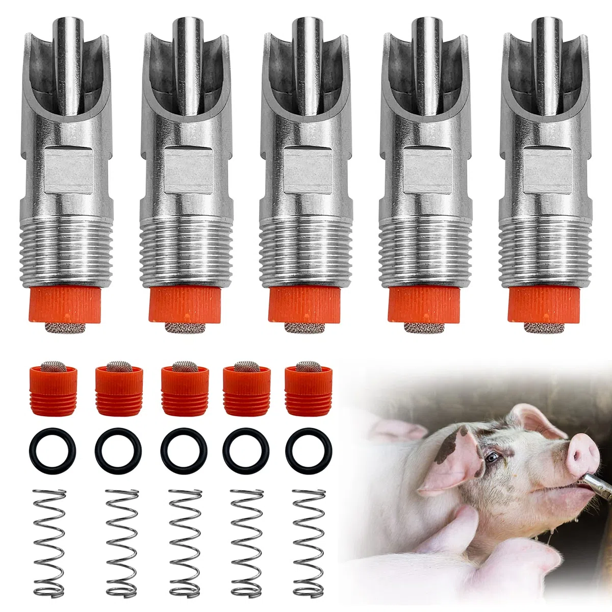 5* alimentador automático de Bebedor de Cerdo de Acero Inoxidable, Bebedor de Pico de Pato, Equipado con 5 Juegos de Piezas (Boquilla de plástico, Resorte, Anillo de Goma) para Cerdos