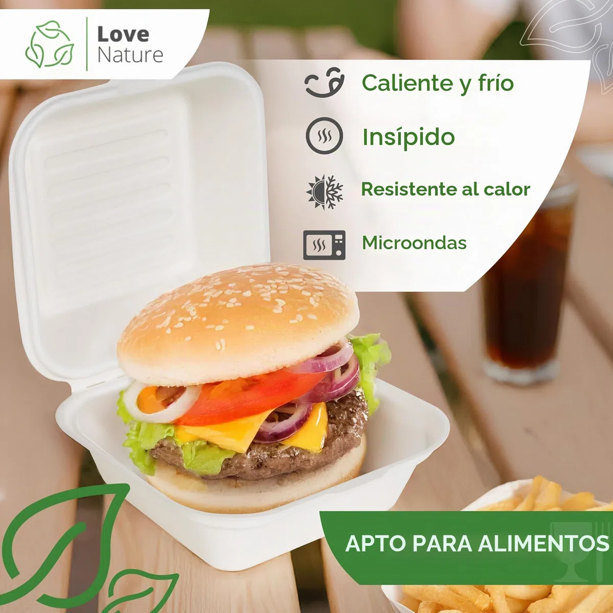 Love Nature Embalaje ecológico para hamburguesas - Cajas para hamburguesas - Bandejas para menús - Vajilla desechable de caña de azúcar - Caja para menús desechable