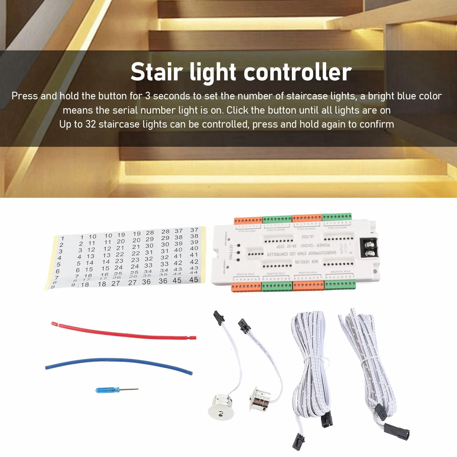 Controlador de Luz de Escalera con Sensor de Movimiento LED, Luces Numéricas Azules Brillantes Automáticas, Velocidad Ajustable, Ideal para el Hogar, Material ABS, Entrada DC12V