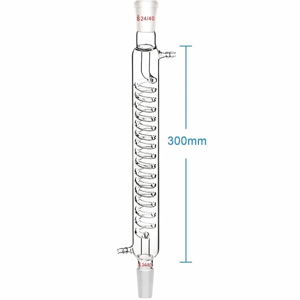 Condensador de vidrio de borosilicato con ajuste 24/40 de 300 mm de longitud de la chaqueta, tubo de condensador serpentino de vidrio de laboratorio, fácil de instalar