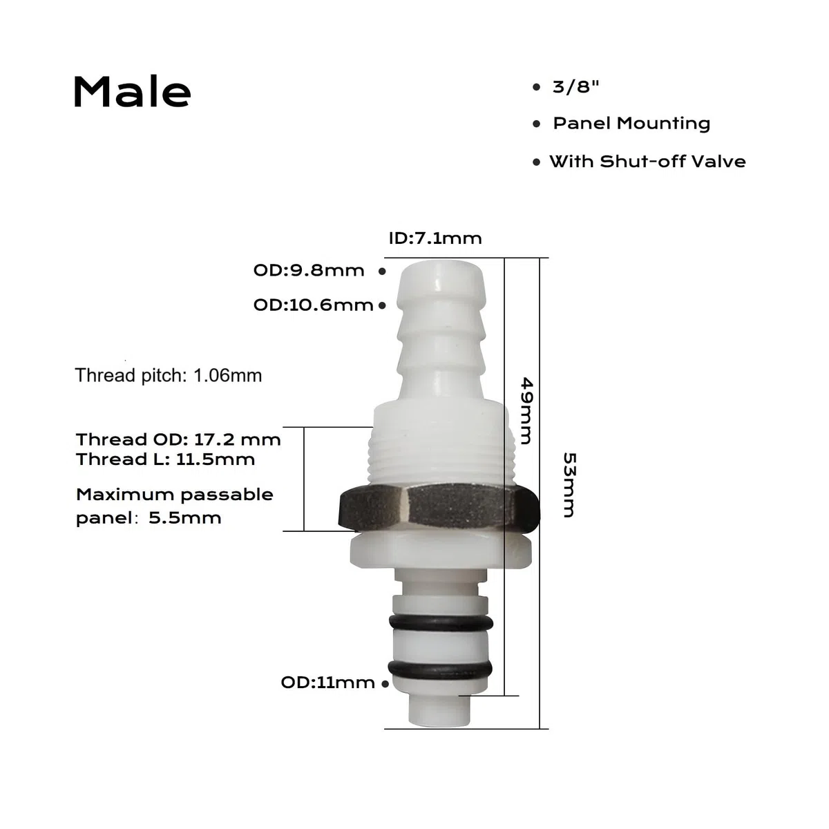 2pcs 1/4"3/8"5/16"acoplamiento rápido en forma de horquilla de mangueras de plástico, con válvula de cierre, acoplamiento de liberación rápida montado en panel (2 conectores masculinos)(3/8)