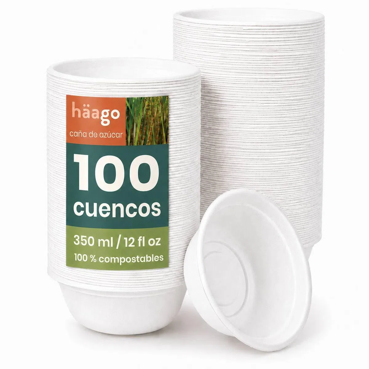 HAAGO 100 Cuencos Desechables Compostables de Caña de Azúcar, 350 ml / 12 oz – Bol Desechable Resistente, Apto para Microondas, Antigrasa y Antifugas para Sopa, Curry, Postres, Fiestas y Catering
