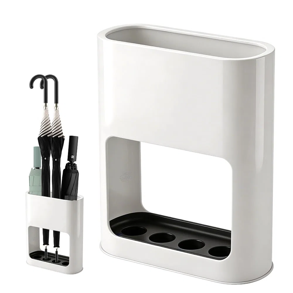 Soporte para paraguas con bandeja extraíble, 4 ranuras para paraguas largos/cortos, 28 × 21,8 × 9 cm, plástico resistente