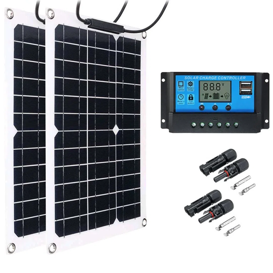 Paneles Solares Flexibles 2 * 100W,Panel Solar Monocristalino 18V,Alta Eficiencia,Ultrafino,Ligero,Módulo Fotovoltaico con Controlador,para RV Techo Caravana Barco