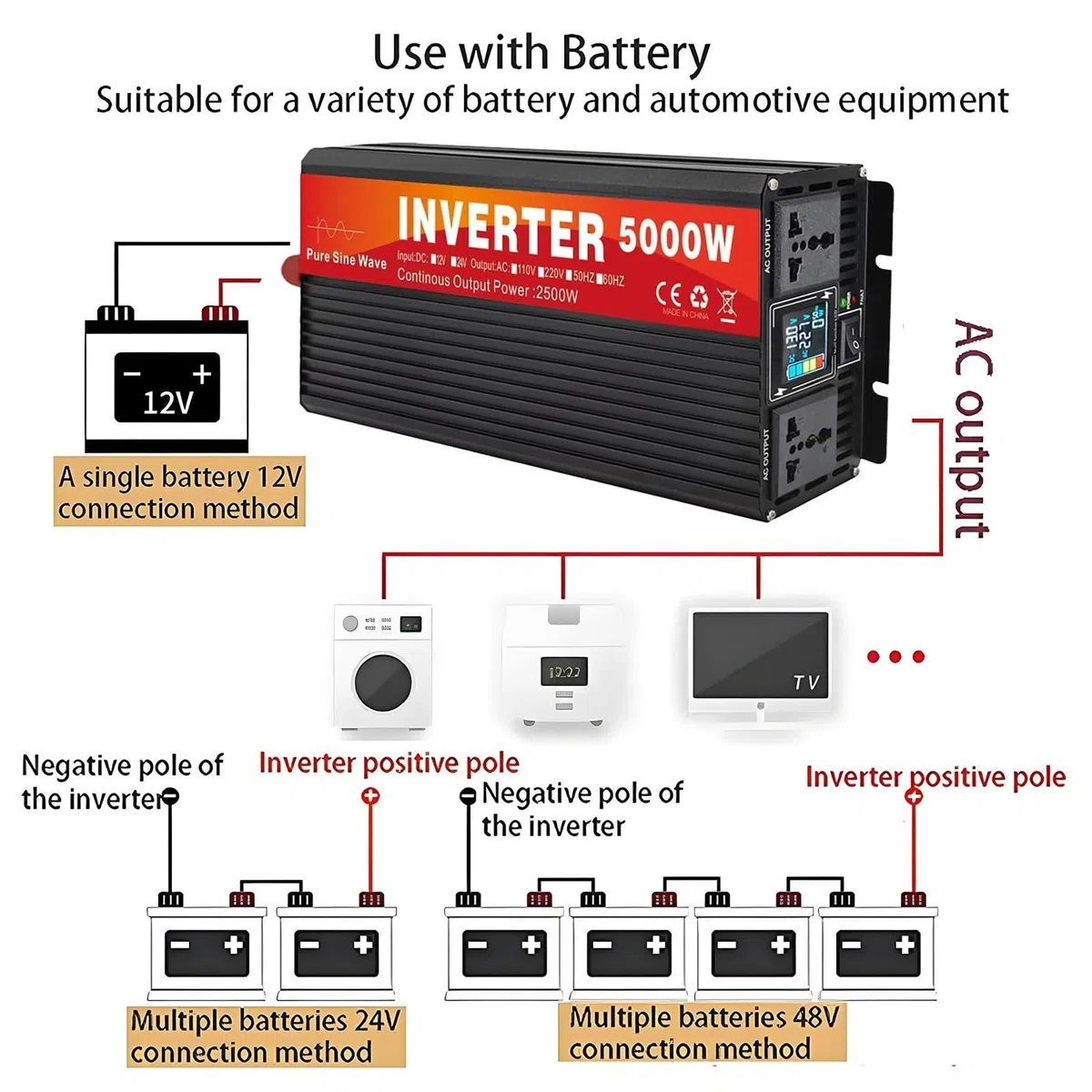 Inversor Solar HíBrido 3000W-6000W Pico, Inversor Onda Sinusoidal Pura | Tomas De Ca Y Pantalla Lcd, Inversor De 48V Cc A Ca De Onda Sinusoidal Pura, Inversores En Paralelo(5000W)