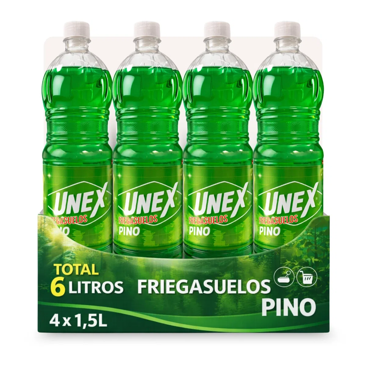 Friegasuelos aroma Pino, Limpiador de suelos olor a Pino, Con un perfume intenso y duradero, Combate malos olores, ideal para conseguir un suelo reluciente y no dejar huellas,4 botellas de 1.50 Litros