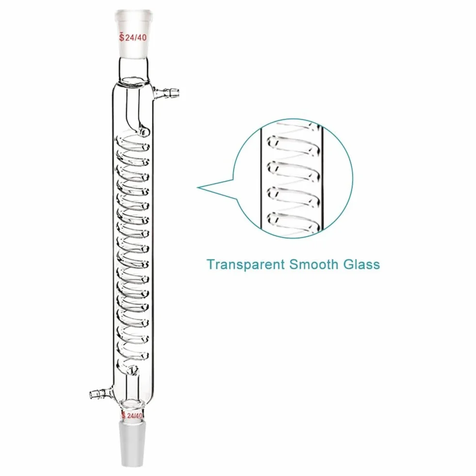 Condensador de vidrio de borosilicato con ajuste 24/40 de 300 mm de longitud de la chaqueta, tubo de condensador serpentino de vidrio de laboratorio, fácil de instalar