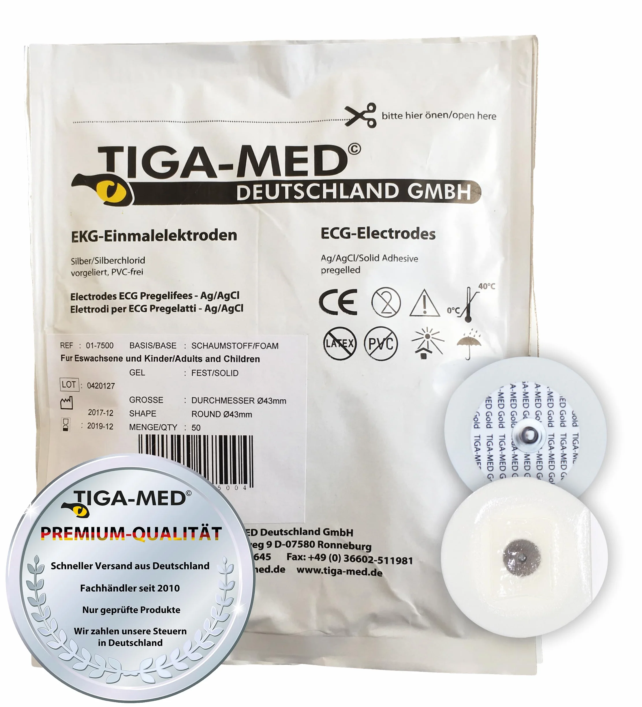 Tiga-Med ECG - Electrodos (100 unidades, 45 mm, gel sólido)