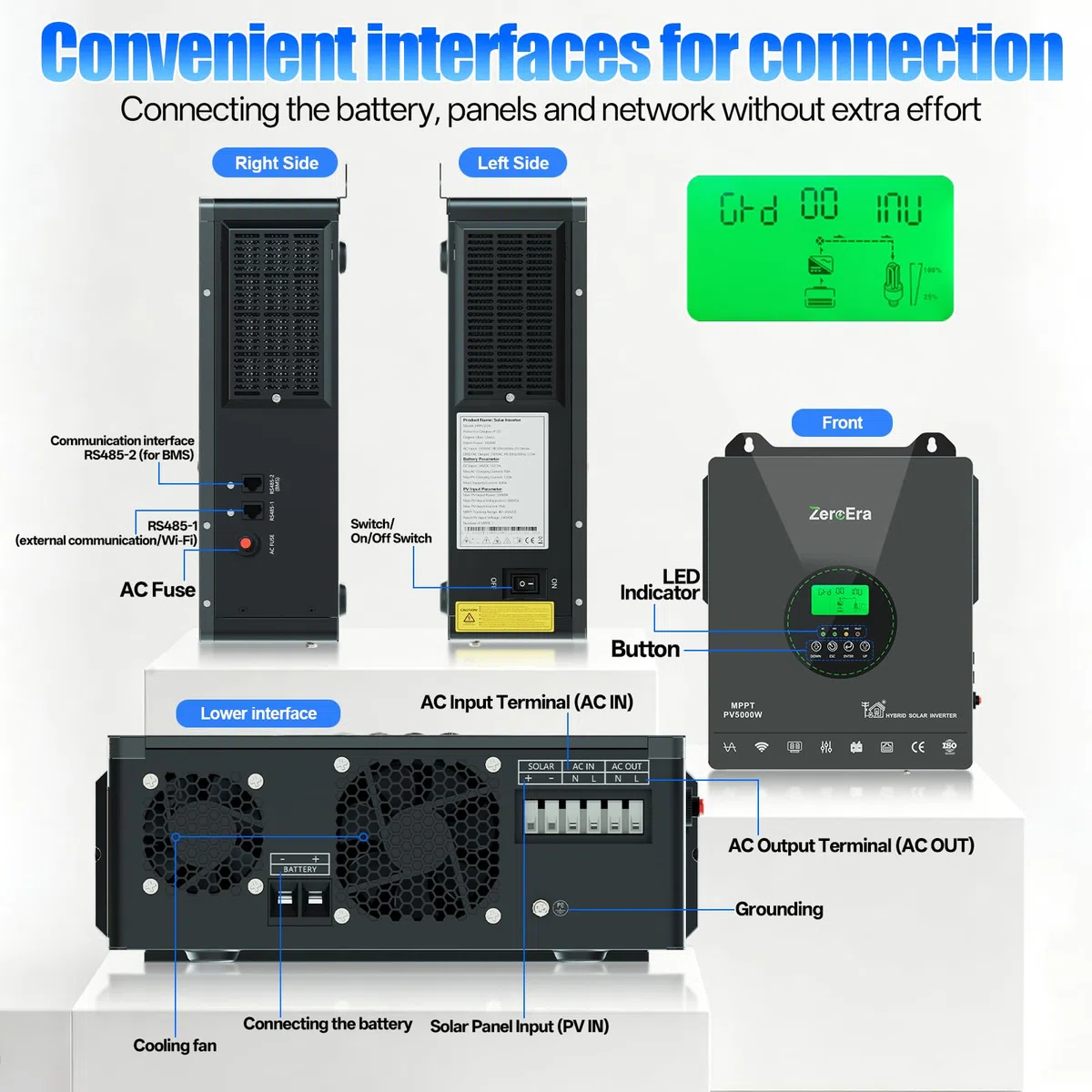 ZeroEra Inversor Híbrido 24V 3300W,Inversor Solar Híbrido Onda Sinusoidal Pura,24V CC a 220V/230V CA,WiFi,Controlador Carga MPPT,Protección BMS,Funcionamiento Batería (24V 3300W WiFi)