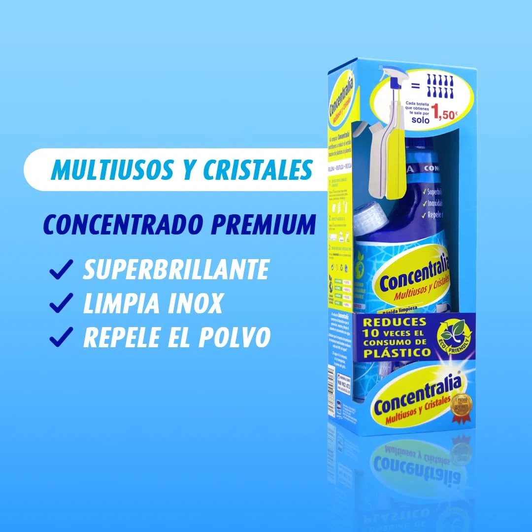 Concentralia Multiusos y Cristales | Producto Concentrado Equivalente a 7,5L o 10 Unidades Tradicionales de 750 ml |Cristales, acero inoxidable, mobiliario | Limpiador Multiusos