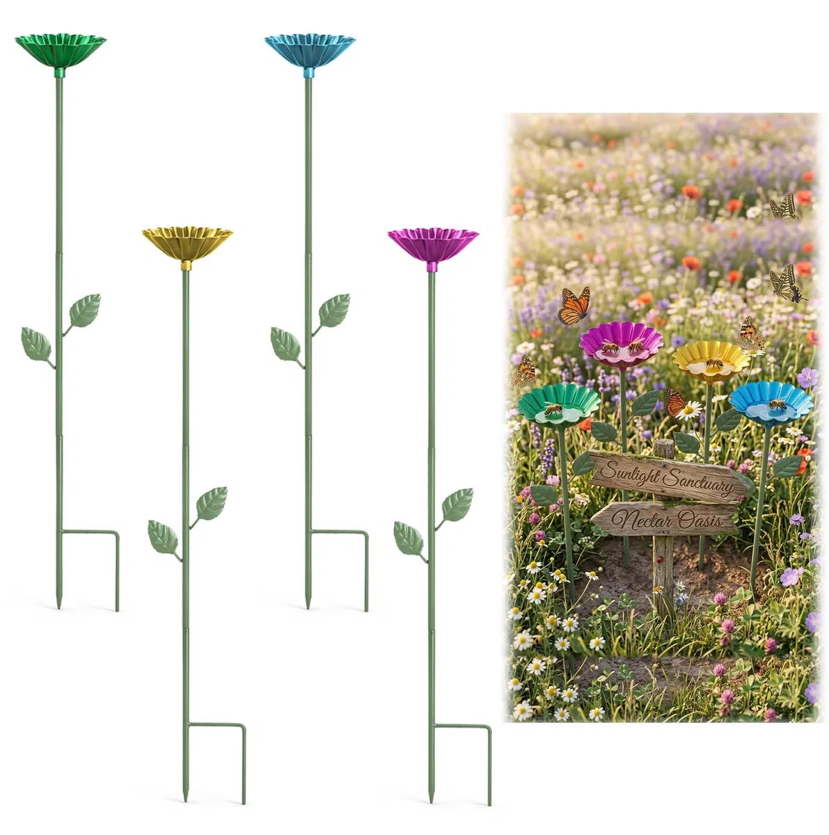 4 PCS Bebedero para Abejas de Jardín, Bebedero para Insectos en Flor de Metal 63 cm, Estacas Decorativas para Mariposas y Polinizadores, para Maceta, Césped, Parterre, Balcón, Terraza y Patio