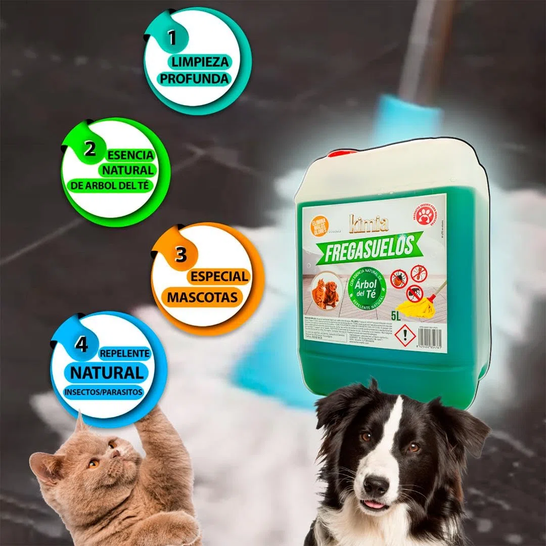 KIMIA - Pack Fregasuelos Profesional 5L + Spray Protector Huellas | Limpiasuelos Mascotas | Repelente Insectos | Friegasuelos Concentrado con Esencia de Arbol de Té | Especial Perros y Gatos