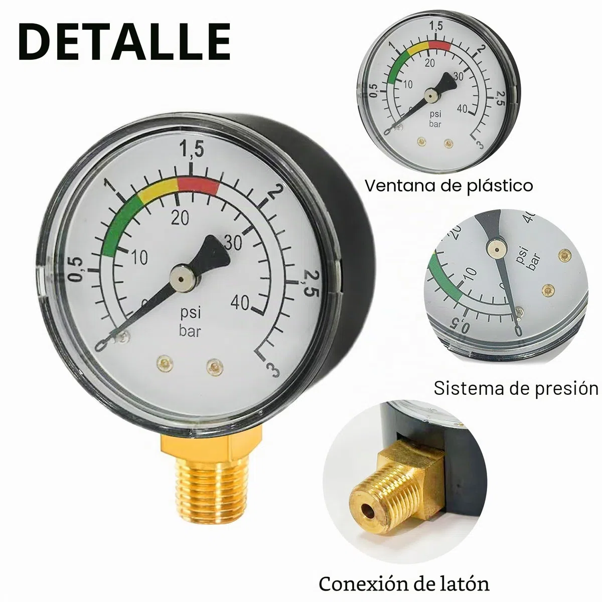 Manómetro de agua, manómetro de presión de piscina de 1/4 pulgada, doble escala de precisión, carcasa robusta de latón y acero inoxidable, instalación sencilla, duradero, versátil, para