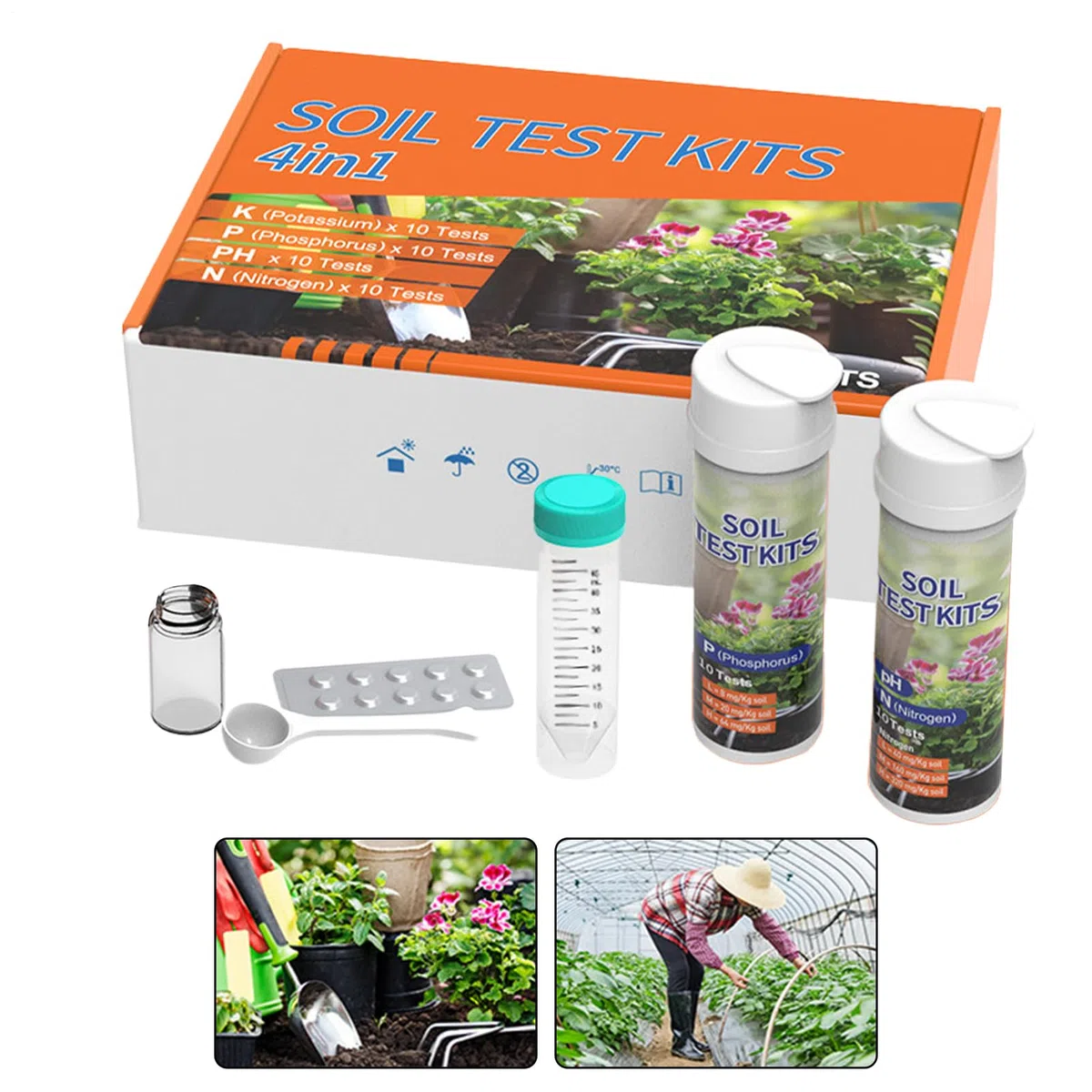 Kit de Análisis de Suelo para Hortalizas,Medidor de Nutrientes de Tierra Kit 4 en 1 | Analizador de Nutrientes para Jardinería en Granjas Paisajes Viñas Patios Plantas en Maceta Jardines
