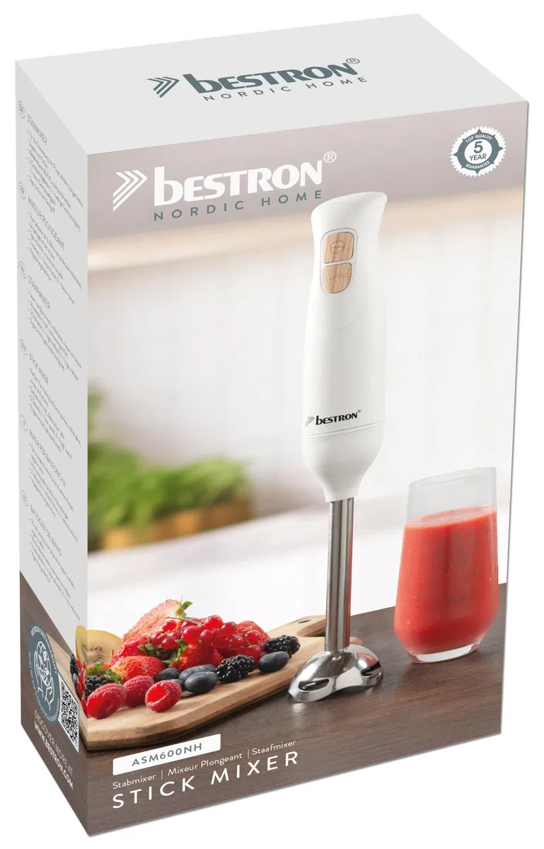 Bestron Batidora de inmersión, barra de 2 velocidades con mango ergonómico, incluye función turbo con más de 14.000/rpm, barra extraíble, material: acero inoxidable, color: blanco/imitación madera