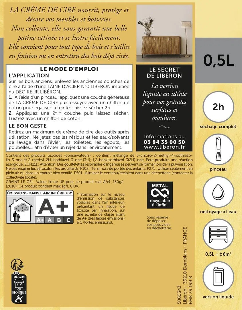 Libéron Crema de cera para madera, líquido, incoloro 0,5 L