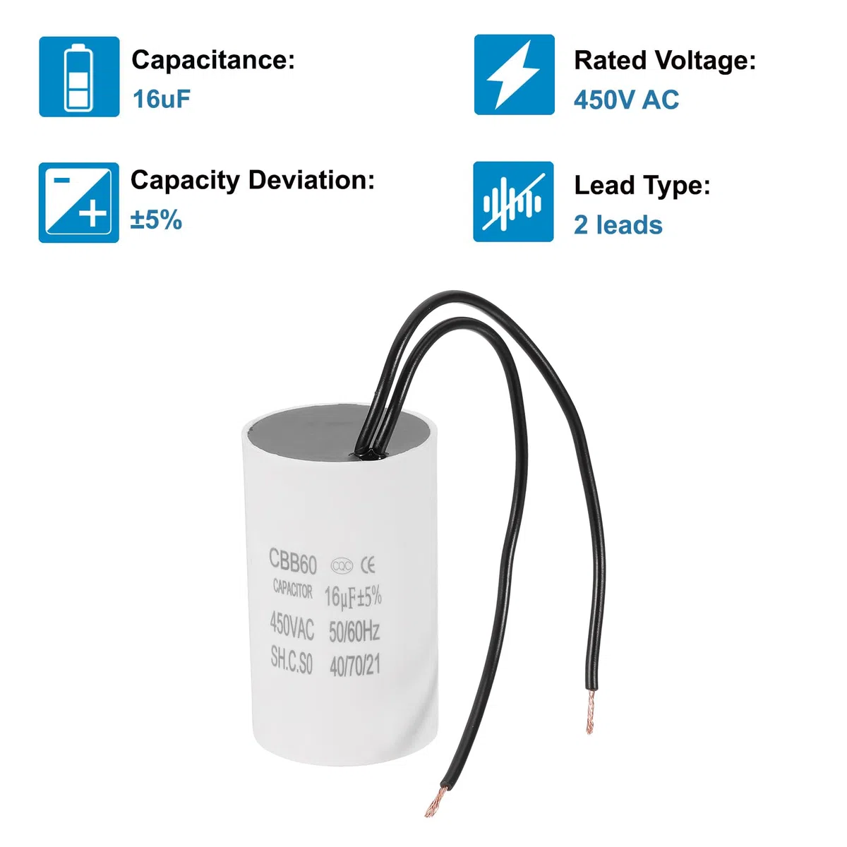 PATIKIL CBB60 16uF Condensador de Arranque, 2Pcs Condensador de Funcionamiento con 2 Cables, AC 450V con Frecuencia de 50Hz/60Hz, para Compresores de Aire y Bombas, Blanco