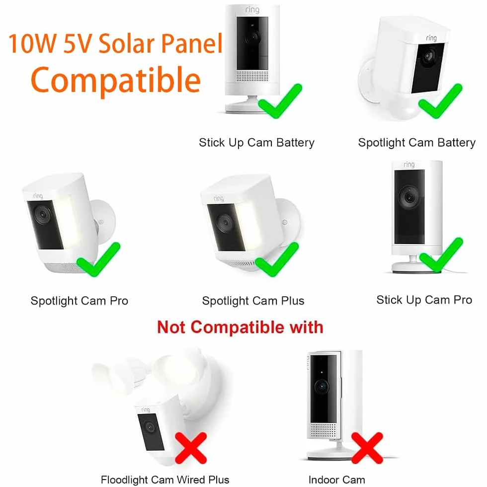 Cargador de panel solar de 10W/5V con dos conectores DC3.5x1.35 y USB-C, cable de carga de 9.8 pies, IP65, compatible con Ring Spotlight Cam Plus/Pro, batería de leva de 2ª/3ª generación