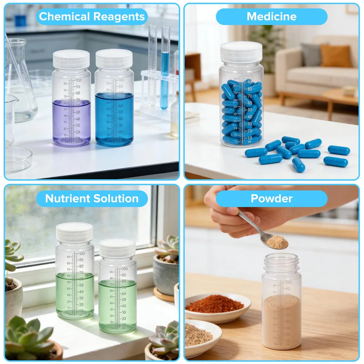 HavaCue 8 Piezas 100ml Botellas de Plástico de Boca Ancha con Escala, Transparente Botella de Reactivos de Boca Ancha, Botella de Laboratorio avec Jeringa y Pegatinas para Laboratorio, Escuela, Cocina