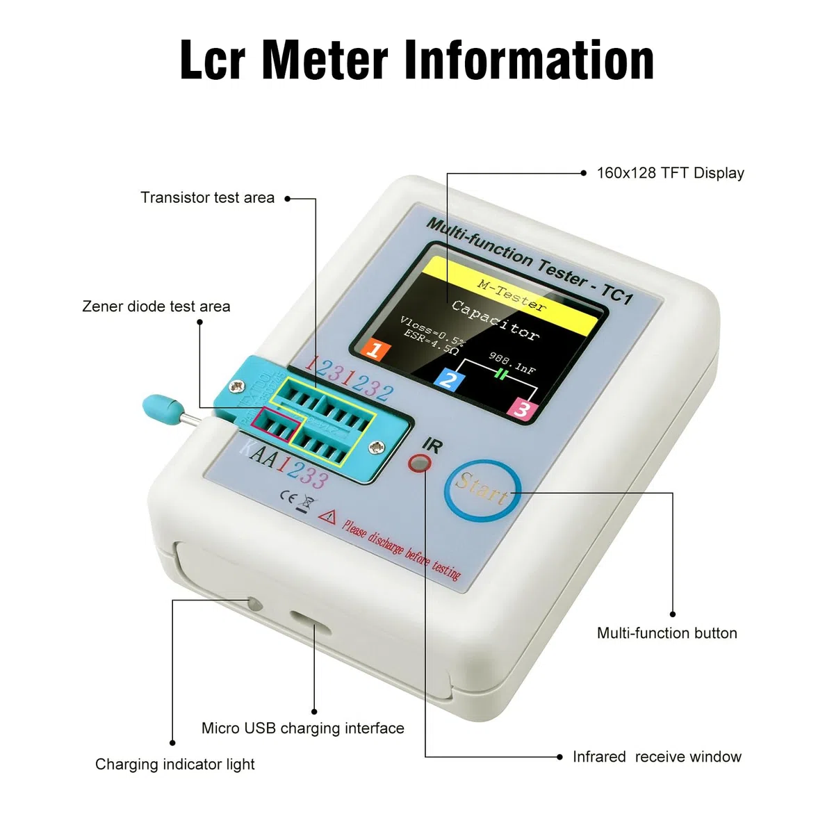 RUIZHI LCR-T7 - Probador de transistor multifunción - Medidor ESR TFT para diodo Triodo Resistencia - LCR TC1