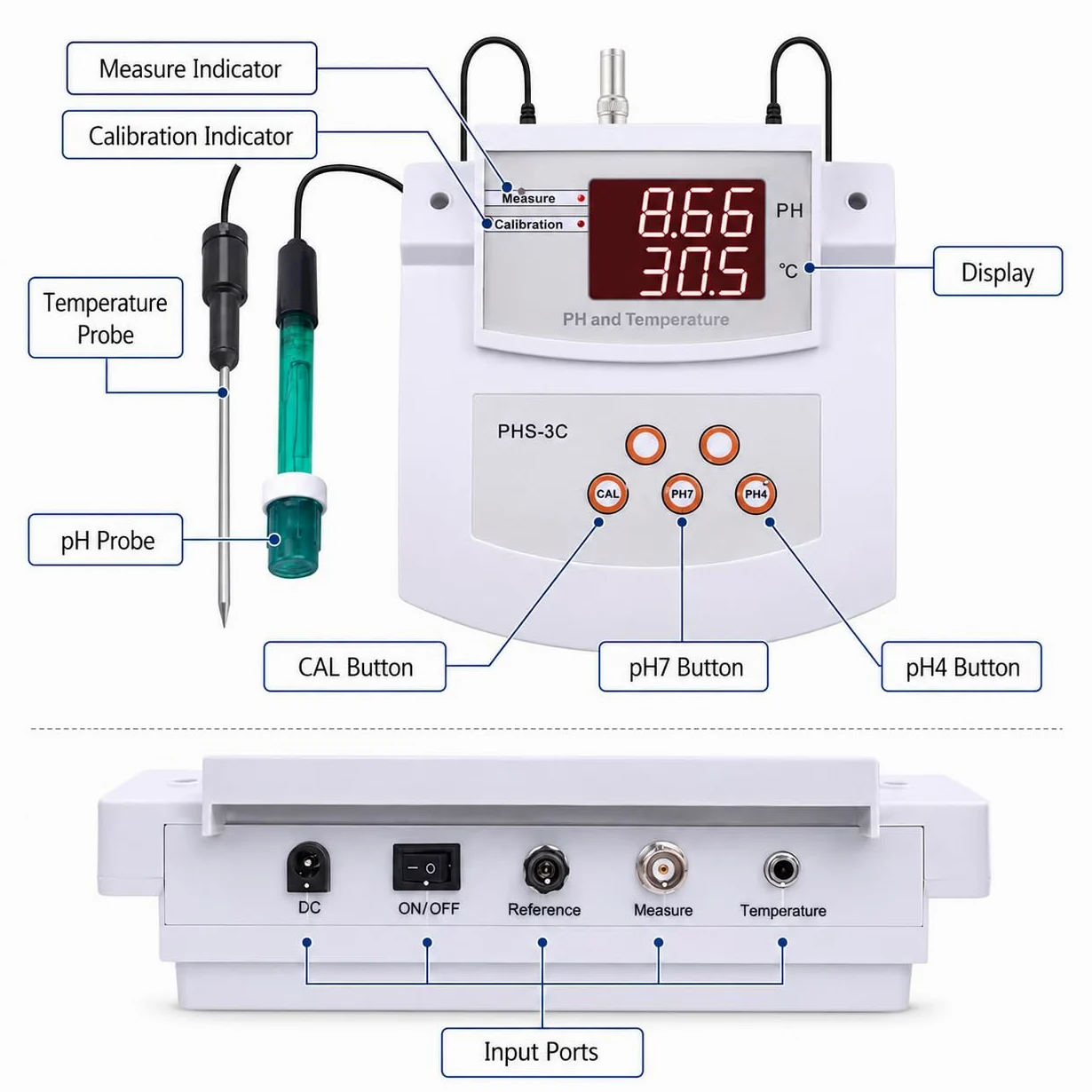 Medidor de pH de laboratorio de sobremesa, medidor digital de pH ± 0,01 con electrodos de pH y temperatura, calibración automática de 2 puntos