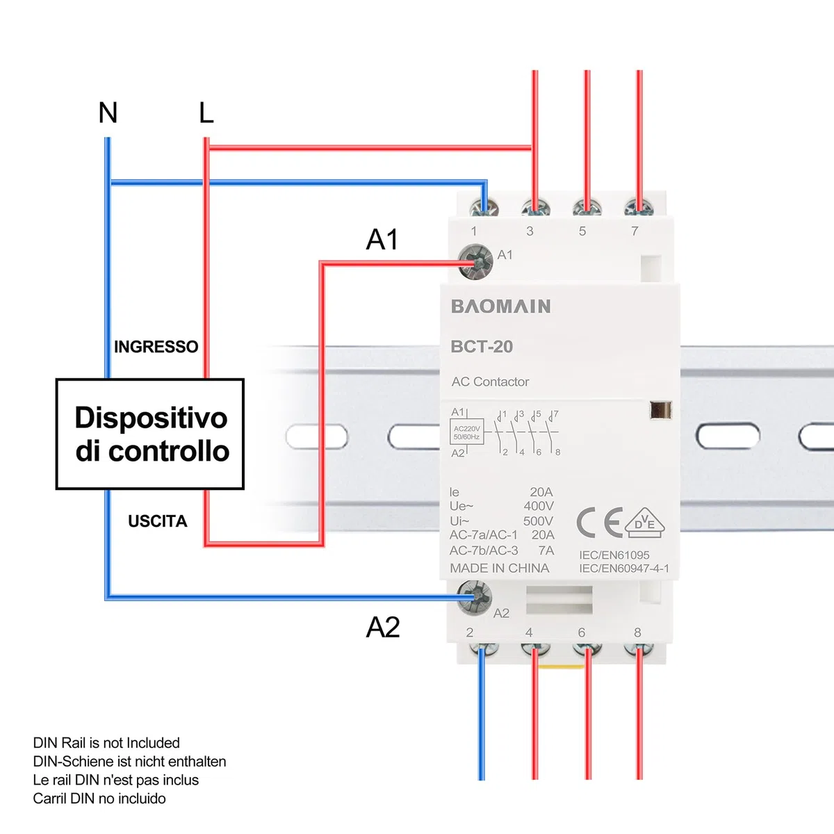 BAOMAIN Contactor AC 20A 4 Polos Normalmente Abiertos (4NA), Bobina 220V/240V, Contactor Modular para Carril DIN 35mm, Homologado VDE para Control de Iluminación y Motores,BCT-20