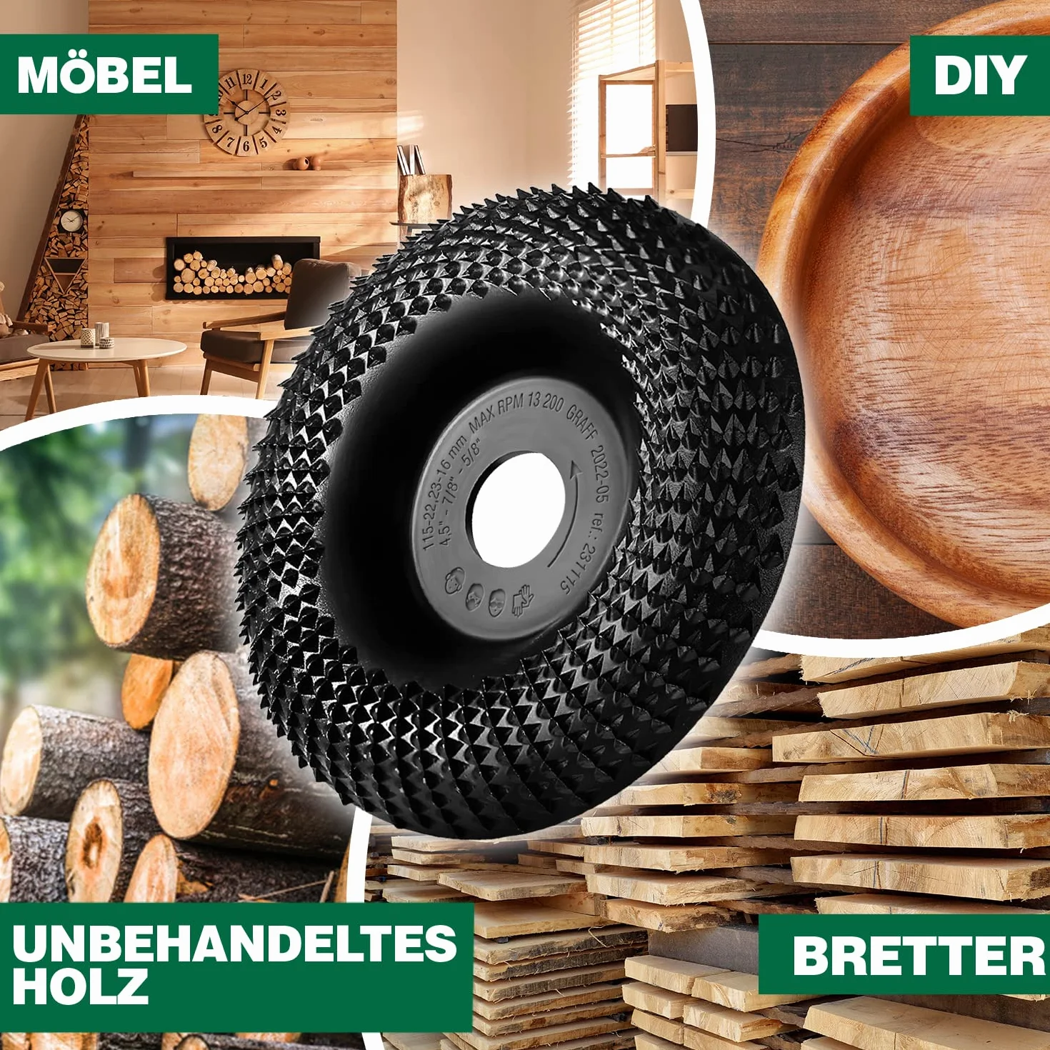 GRAFF Muela Amoladora 115 mm - Disco Madera Amoladora para Tallar y Moler Madera, Madera Blanda, Madera Dura - Disco Desbaste Madera de Carburo de Tungsteno para Amoladoras Angulares