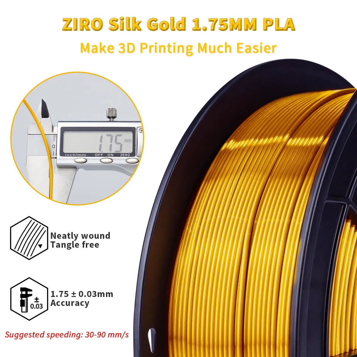 ZIRO Seda Filamento PLA 1.75mm, Filamento Impresora 3D Seda PLA 1.75mm 1kg (2.2 lbs), Precisión Dimensional +/- 0.03mm, Oro