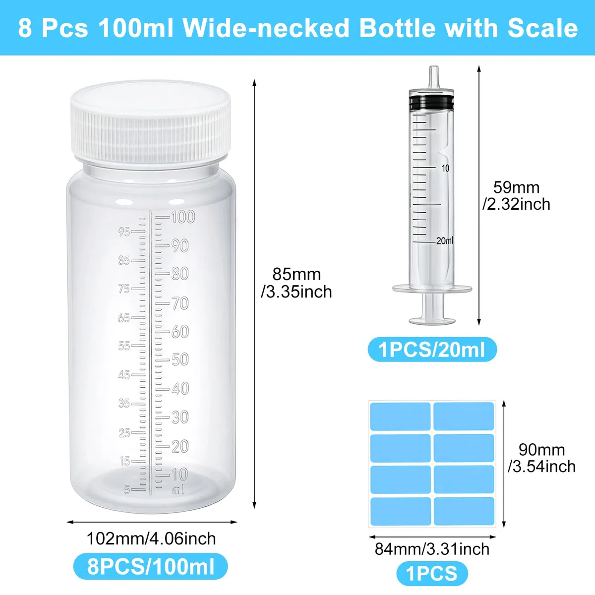 HavaCue 8 Piezas 100ml Botellas de Plástico de Boca Ancha con Escala, Transparente Botella de Reactivos de Boca Ancha, Botella de Laboratorio avec Jeringa y Pegatinas para Laboratorio, Escuela, Cocina